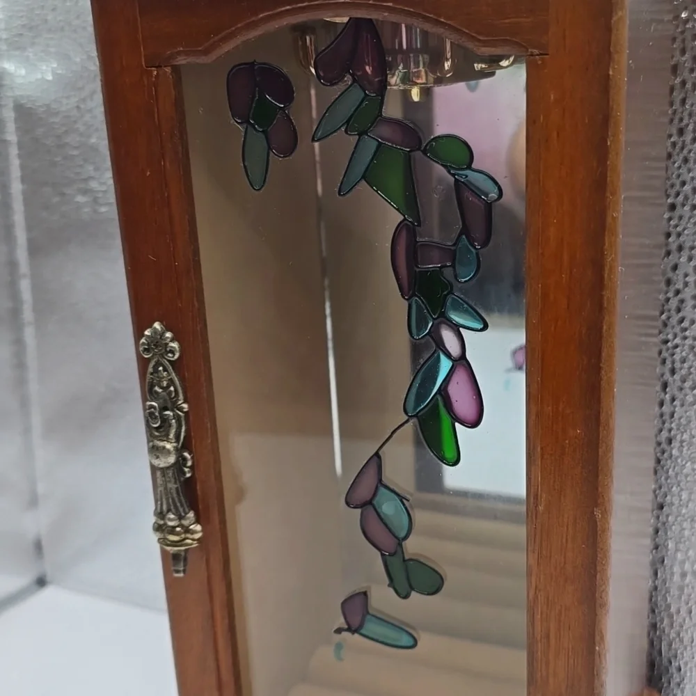 Vintage Farrington Wooden Armoire Jewelry Cabinet with Mirror and Stained Glass